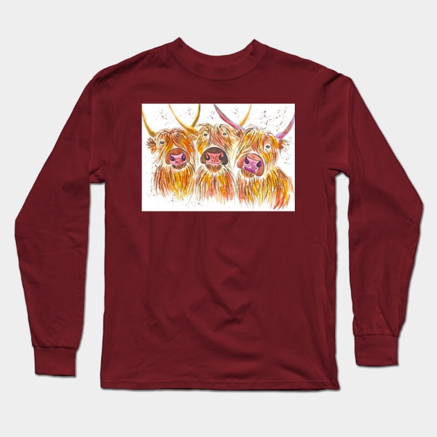 Three Highland Cows Long Sleeve T-Shirt by Casimirasquirkyart